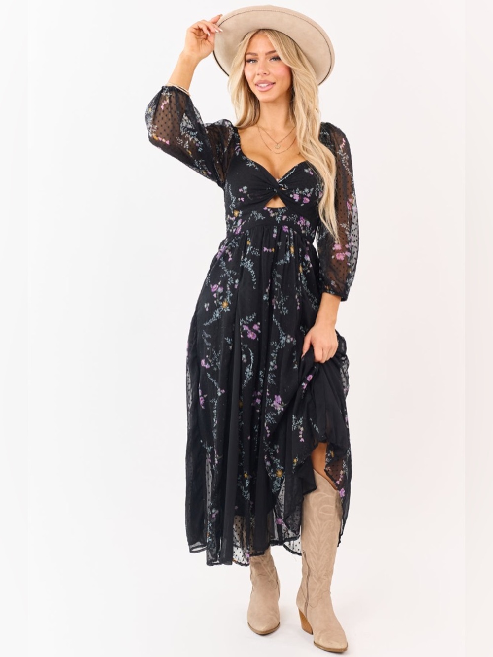 NWT Angie Clothing Boho Floral Swiss Dot Maxi Dress - Picture 6 of 8